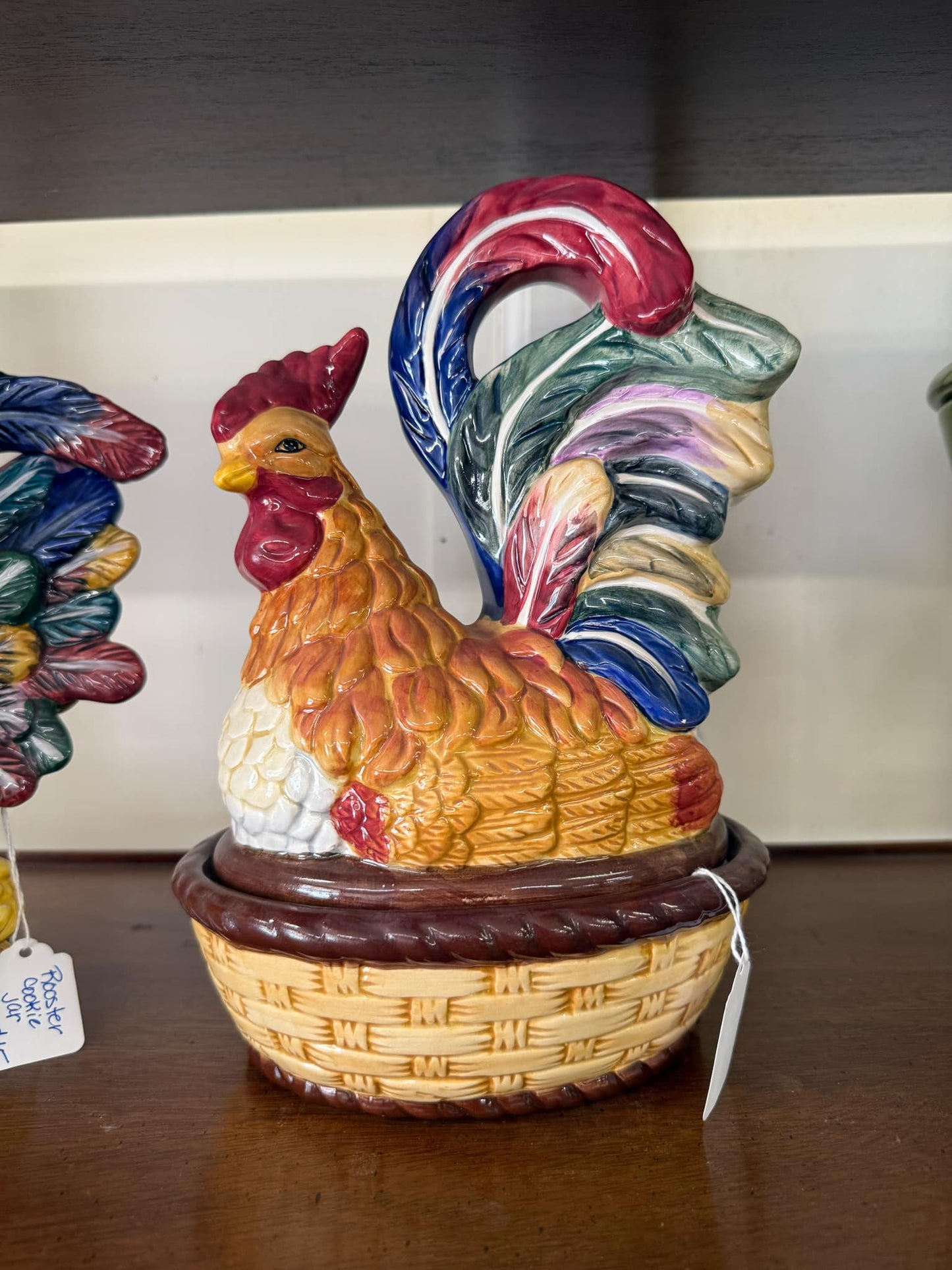 Ceramic Rooster in a Basket Decorative Piece