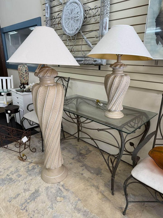 White floor lamp with matching table lamp